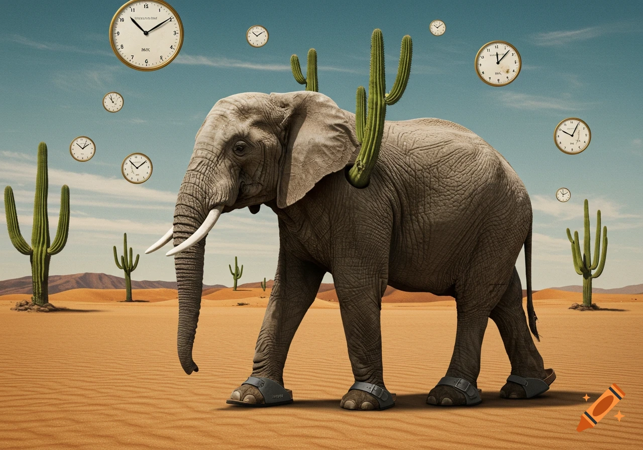 A surreal image of an elephant wearing sandals, walking through a desert with cacti on its back and clocks floating in the sky.