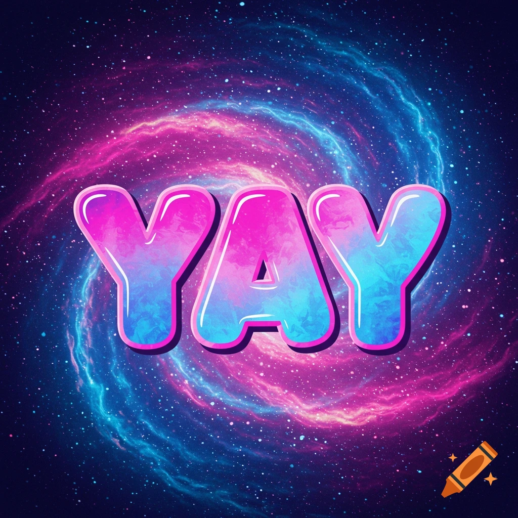 The word YAY in colorful bubble letters with a galaxy background.