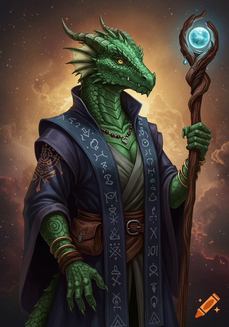A green dragonborn character in robes holds a staff.