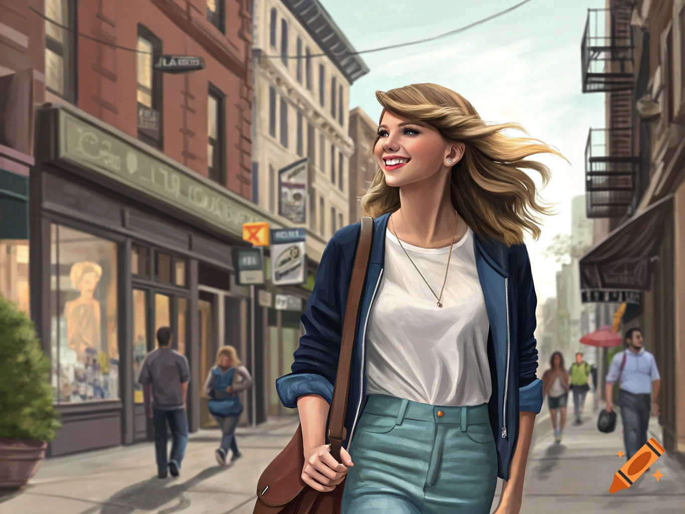 An illustration of a woman resembling Taylor Swift walking down a city street.