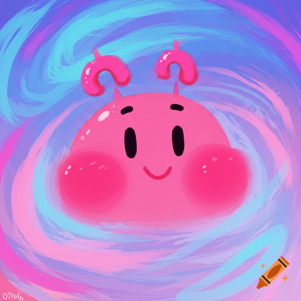 A pink blob creature with antennae and a happy face surrounded by swirling colors.