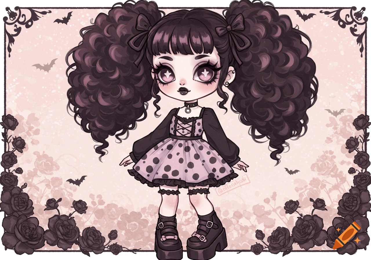 A cartoon goth girl with dark curly pigtails, wearing a pink and black polka dot dress and large platform boots, surrounded by roses and bats.