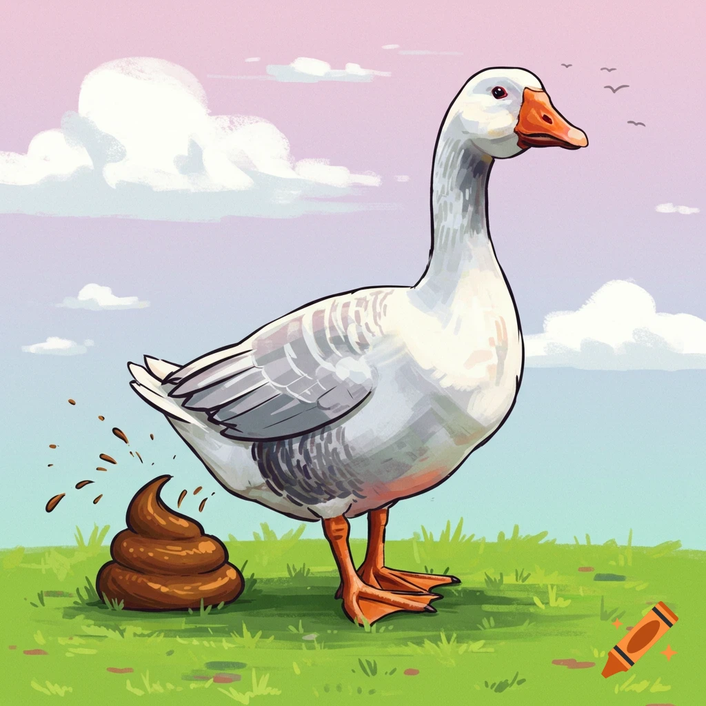 An illustration of a goose pooping in a grassy field under a cloudy sky.
