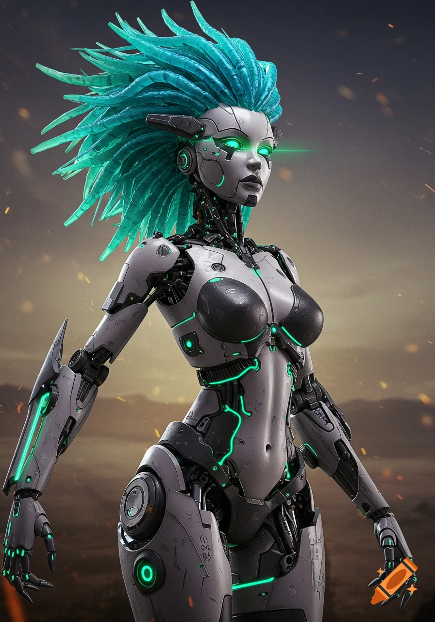 A 3D render of a female robot with teal dreadlocks, glowing green eyes and accents, and grey and dark grey armor standing in a desolate landscape.