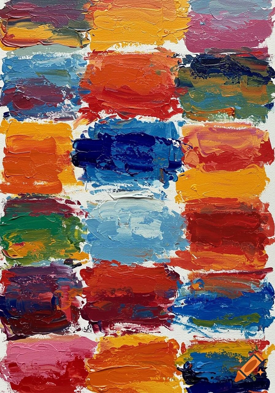 A grid of textured, colorful paint swatches on a white background