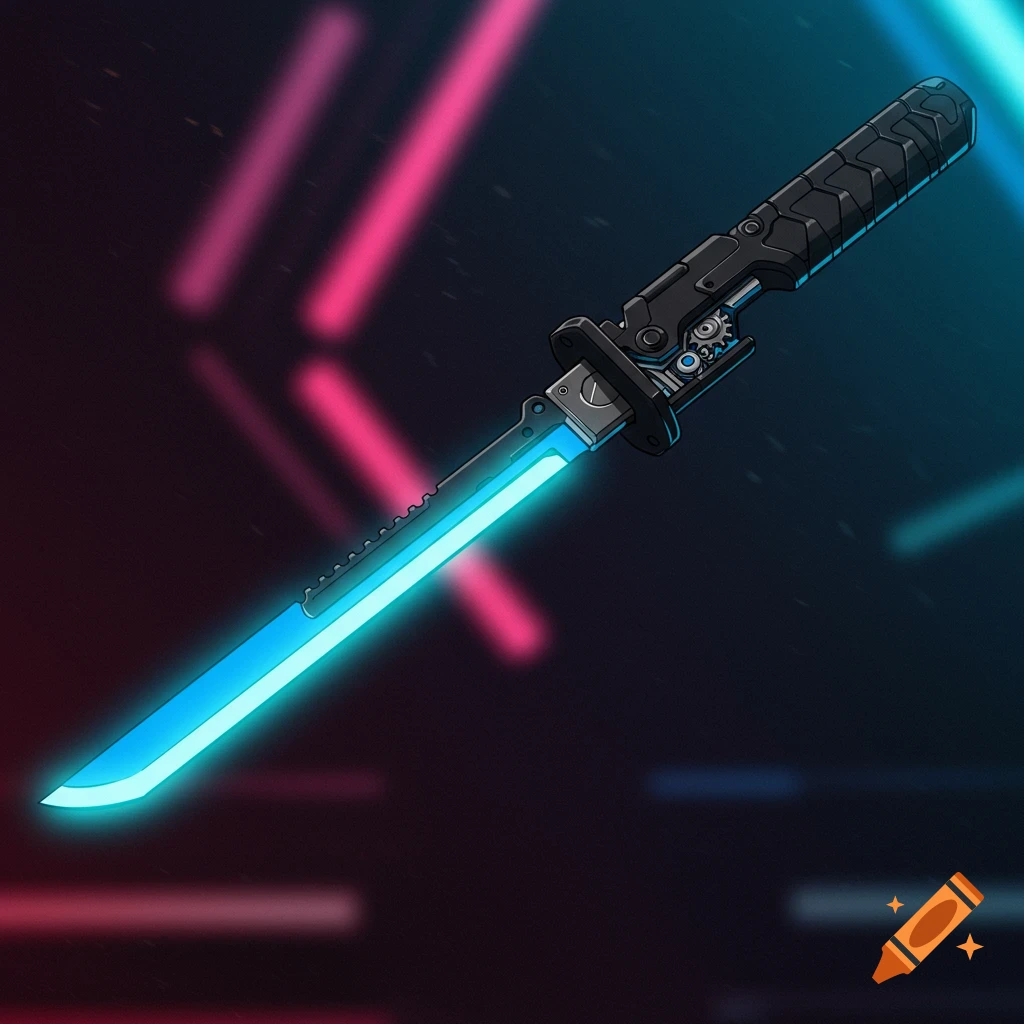 A stylized futuristic sword with a glowing blue energy blade, against a dark background with pink and blue neon lights.