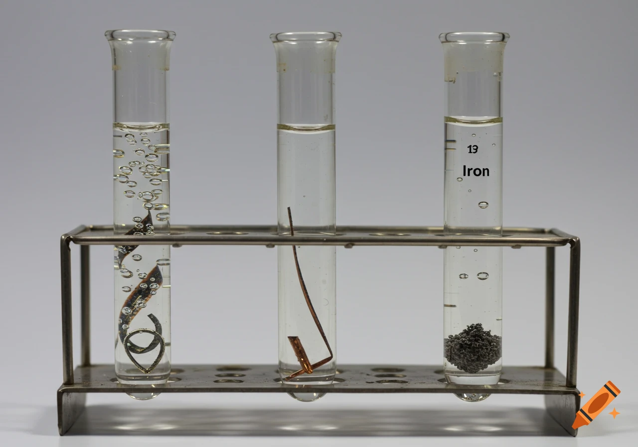 Three test tubes in a rack, containing magnesium, copper, and iron, showing different reactions.