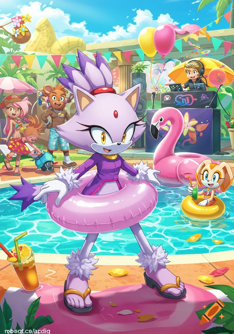 Blaze the Cat and friends at a pool party in anime style.