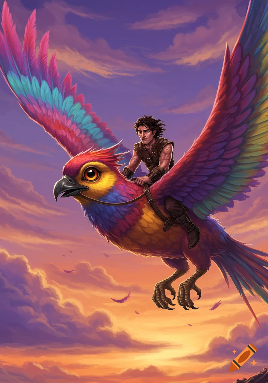 A man rides a large, brightly colored bird through a cloudy sunset sky. Illustration style.