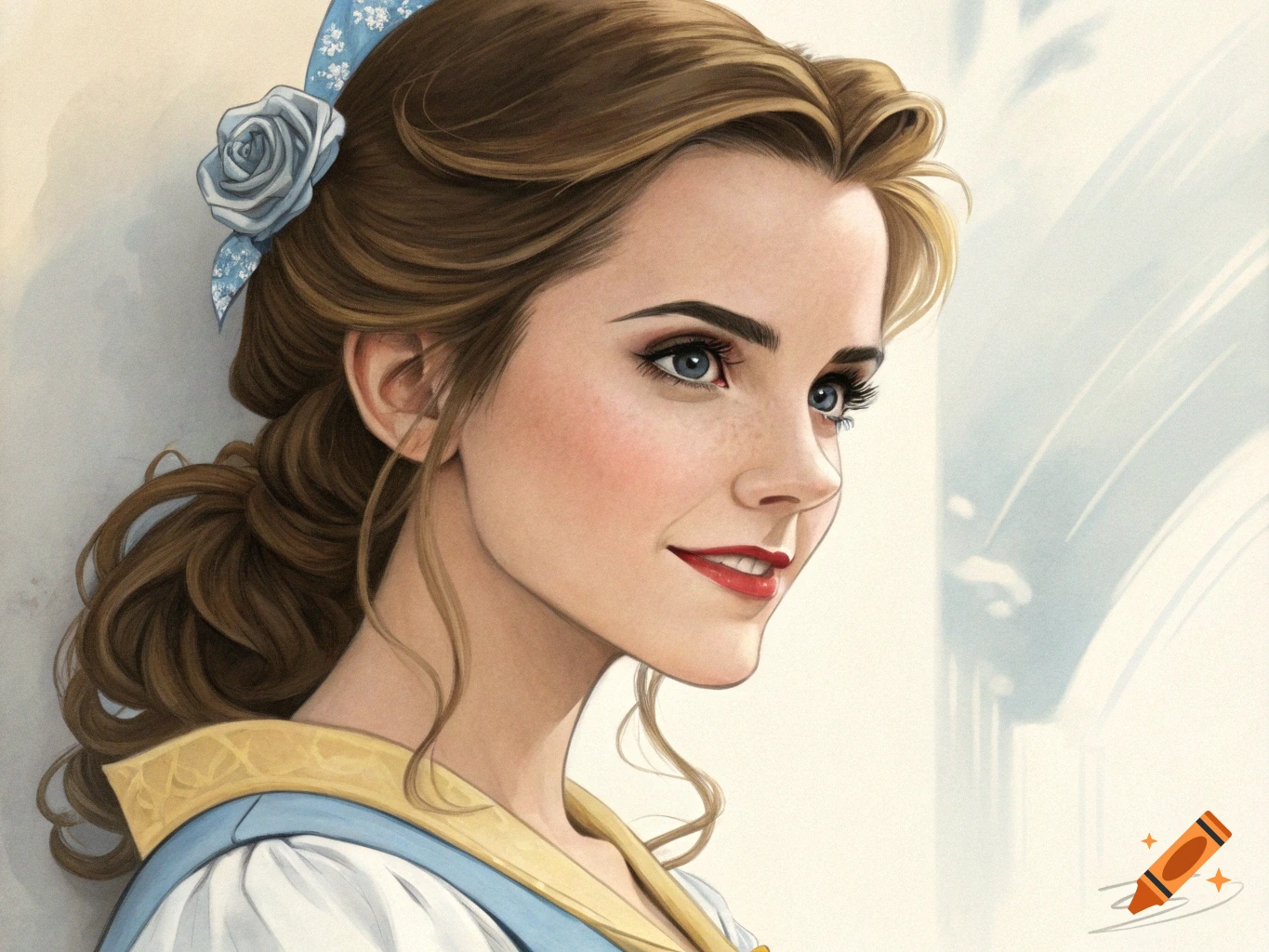 Realistic portrait of a young woman looking right, wearing a blue dress with a rose in her hair.