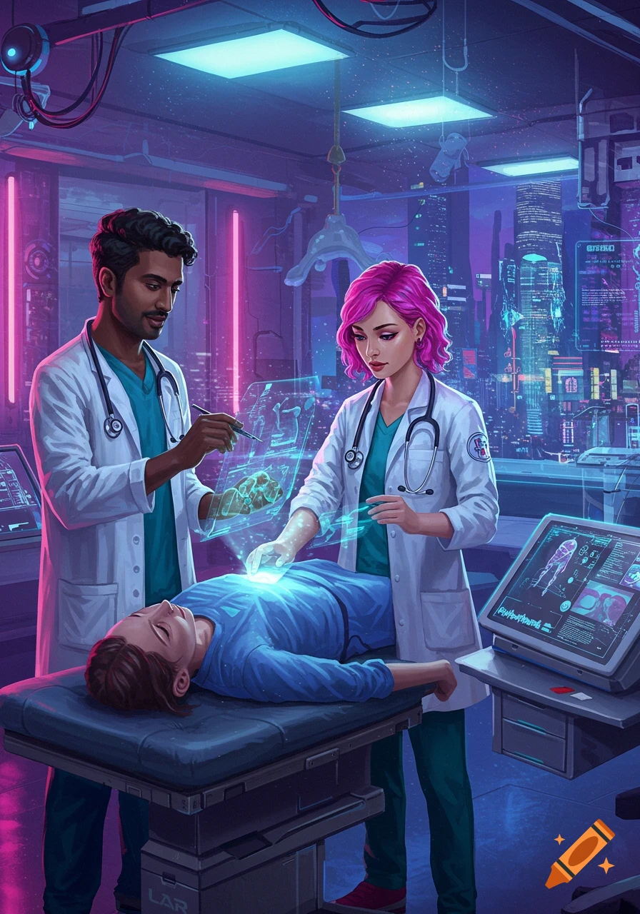 Two doctors using a holographic display to examine a patient in a futuristic medical lab with a cyberpunk city view.