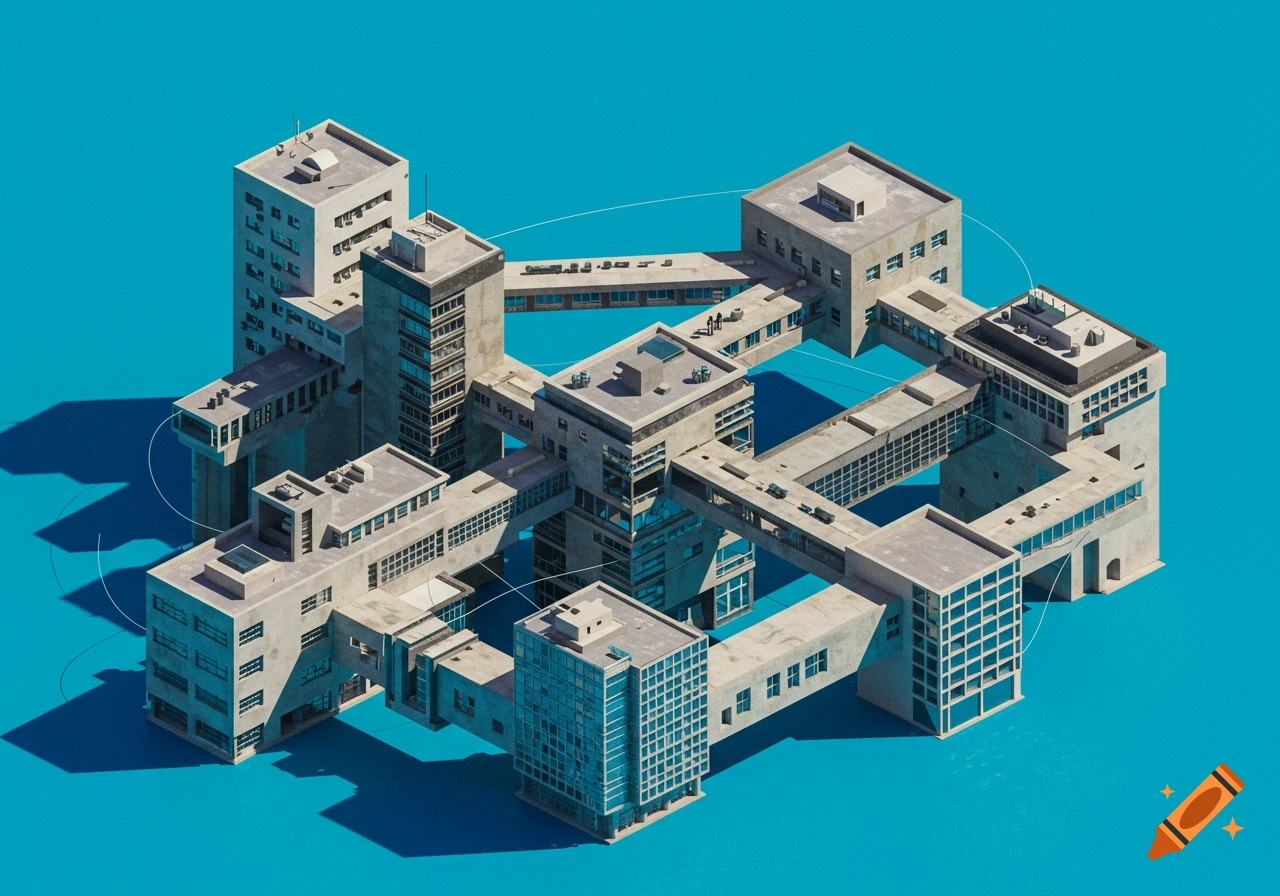 A complex structure of geometric buildings connected by walkways, rendered in an isometric view on a blue background.