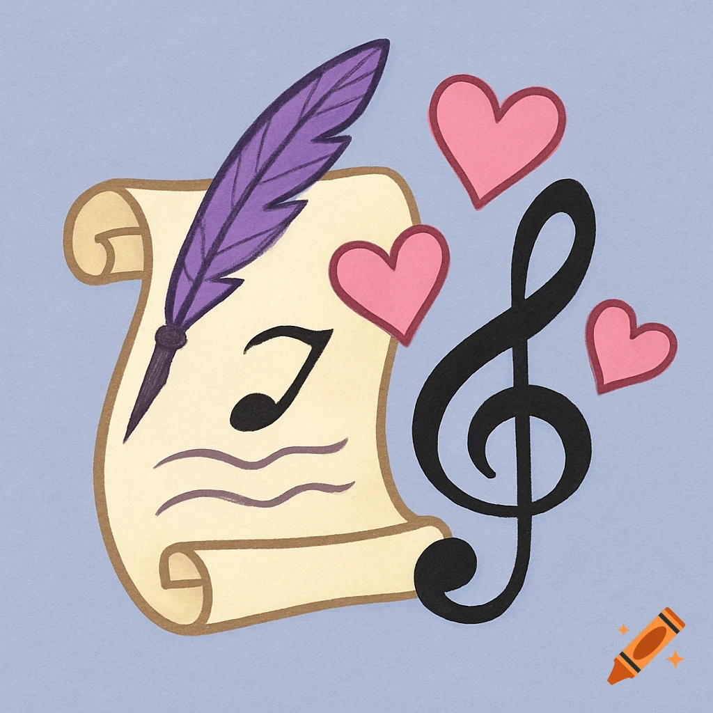 Illustration of a feather quill, scroll with a musical note, a treble clef, and pink hearts on a blue background.