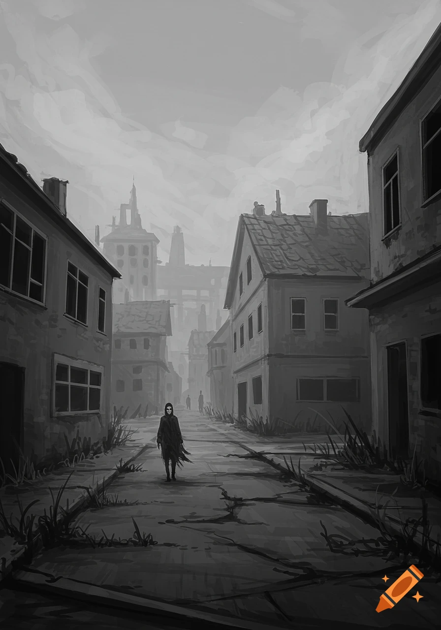 A cloaked figure walks down a street in a desolate, ruined town, in grayscale.
