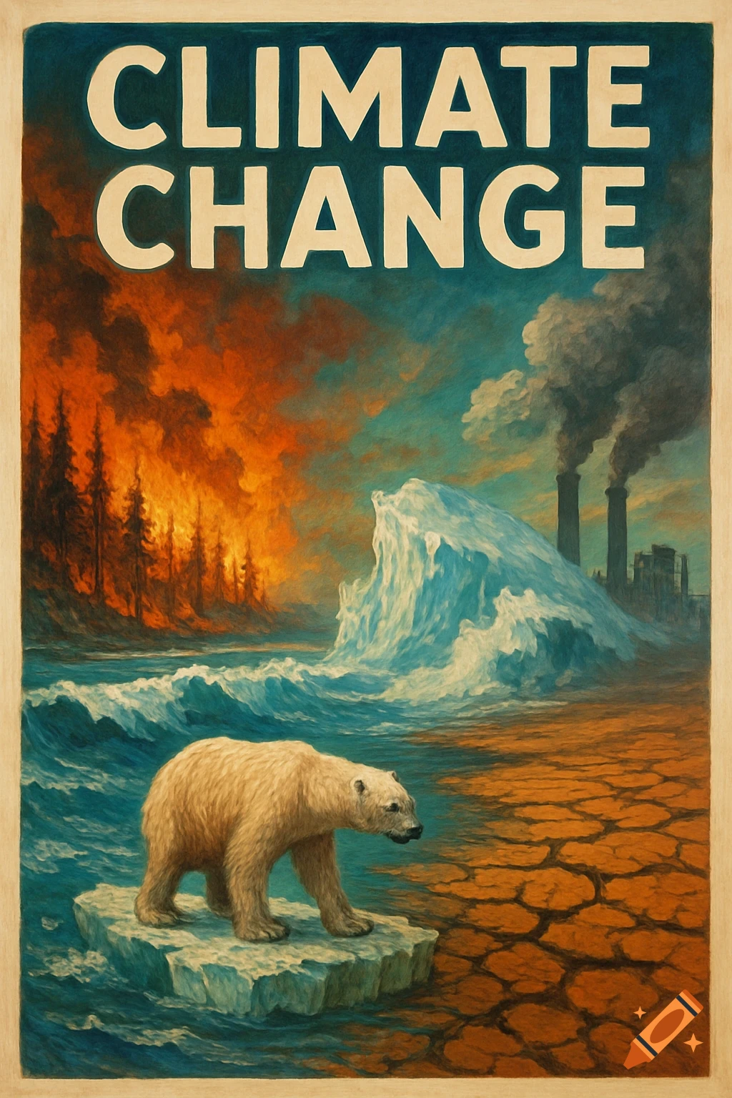 Polar bear on melting ice, facing dry land, fire, and pollution with 'CLIMATE CHANGE' text. Poster style.