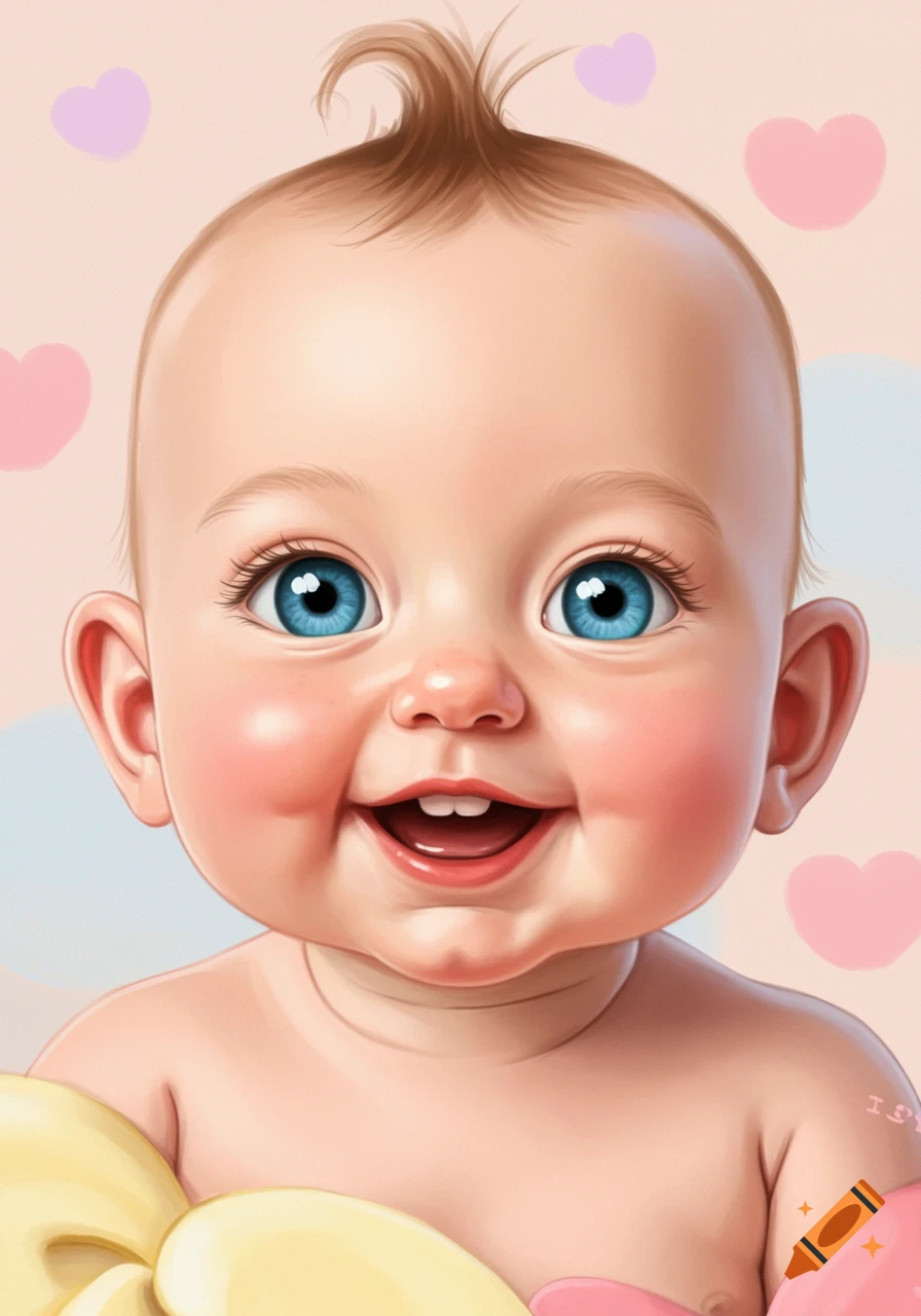 Close-up of a happy baby with blue eyes and rosy cheeks, surrounded by hearts.