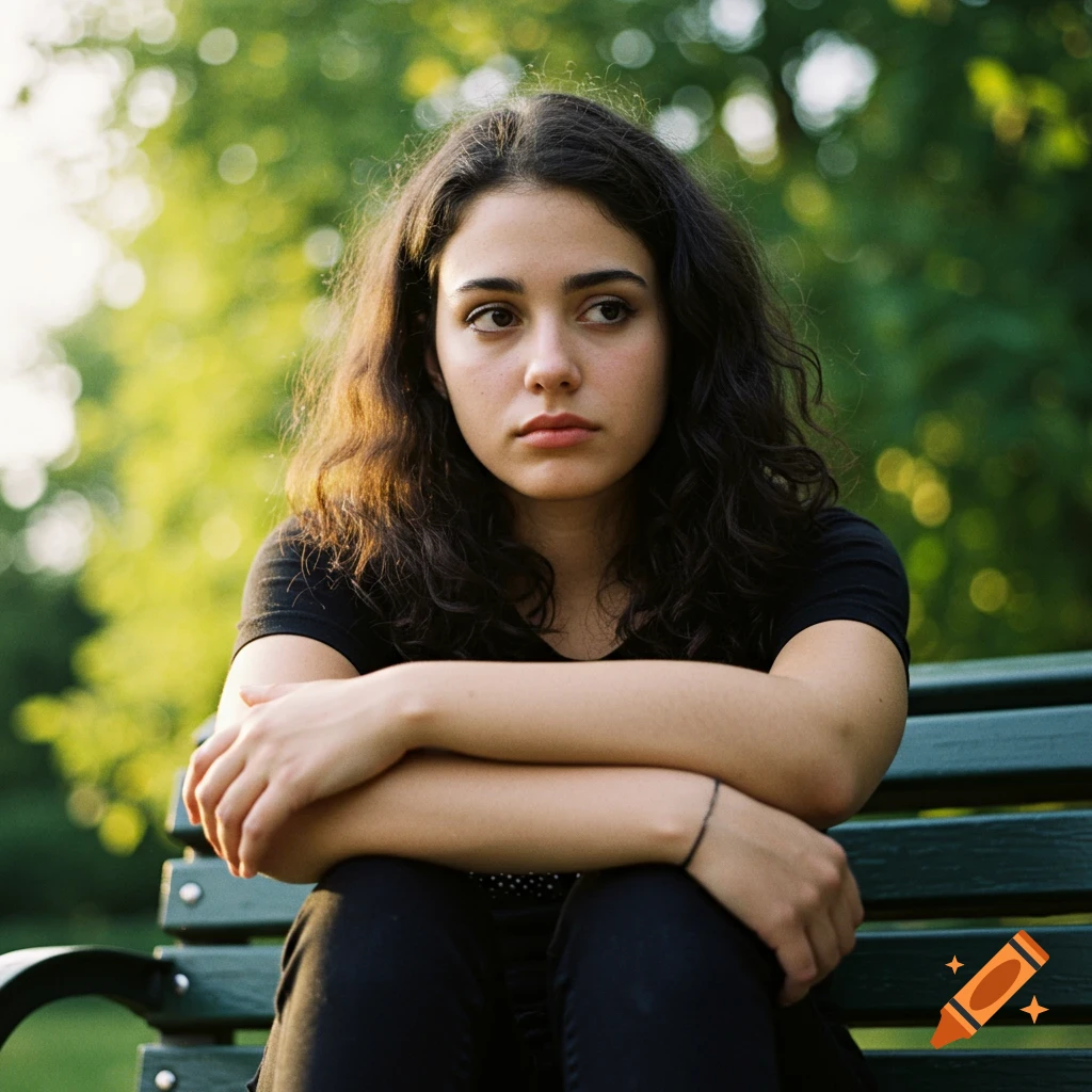 A young woman with dark, curly hair sits on a park bench with her arms crossed, looking away thoughtfully. Photorealistic style.