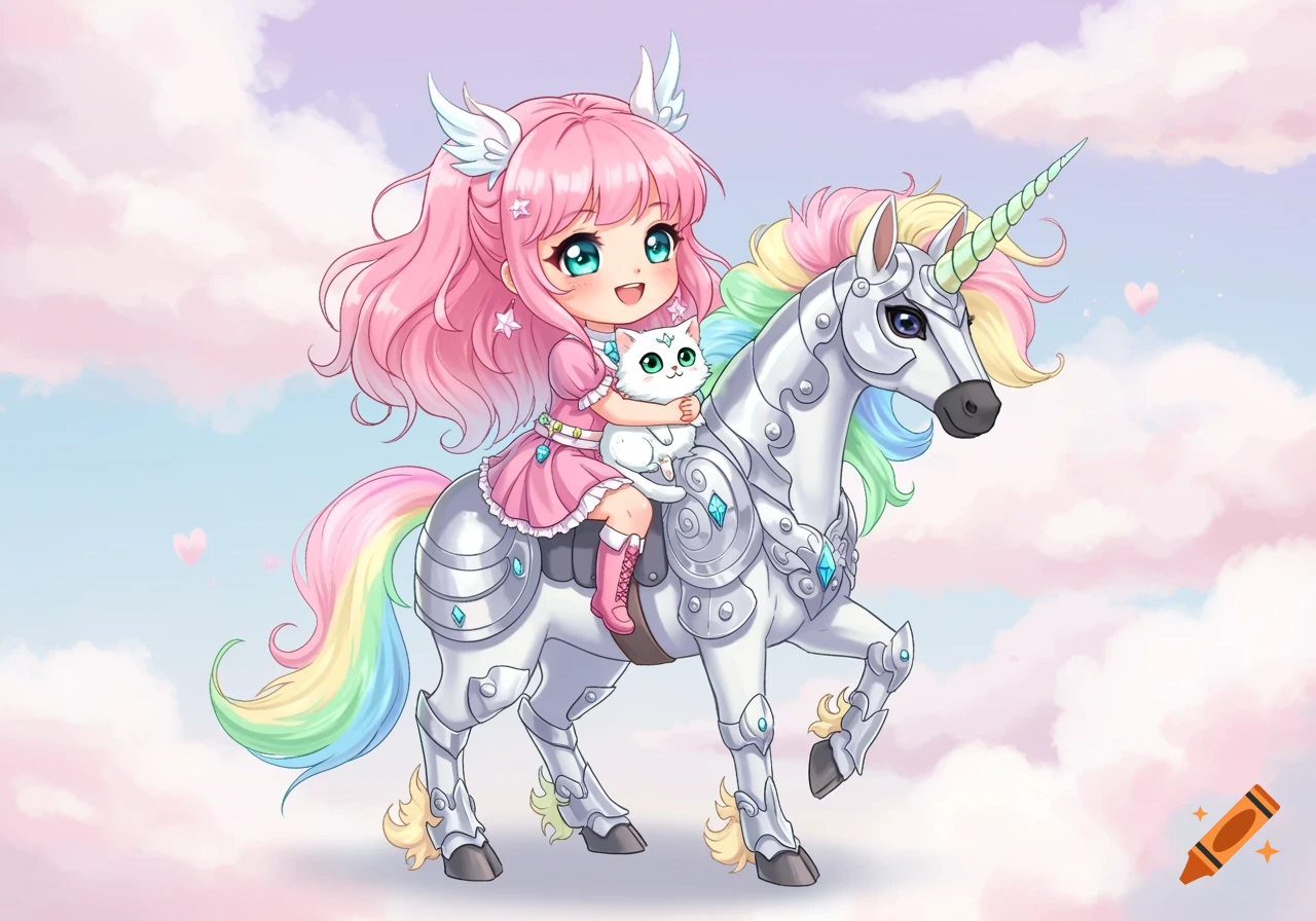 Chibi girl holding a cat riding an armored unicorn in the sky