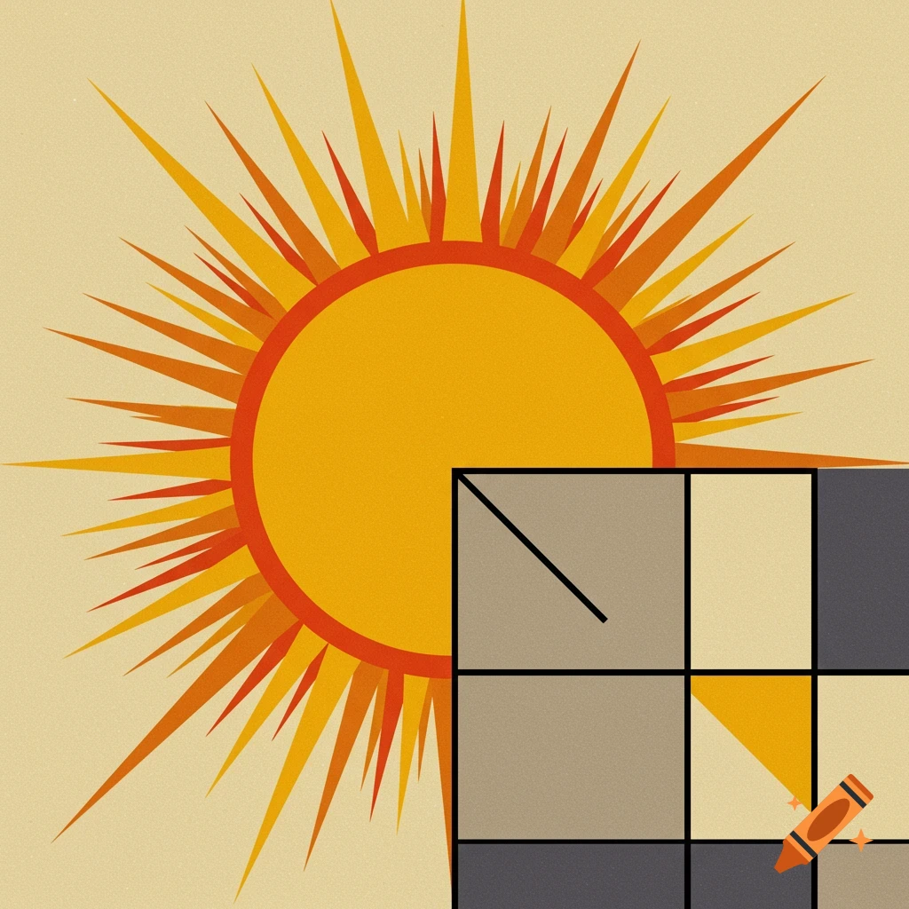 A Bauhaus style illustration of a sun and geometric shapes.