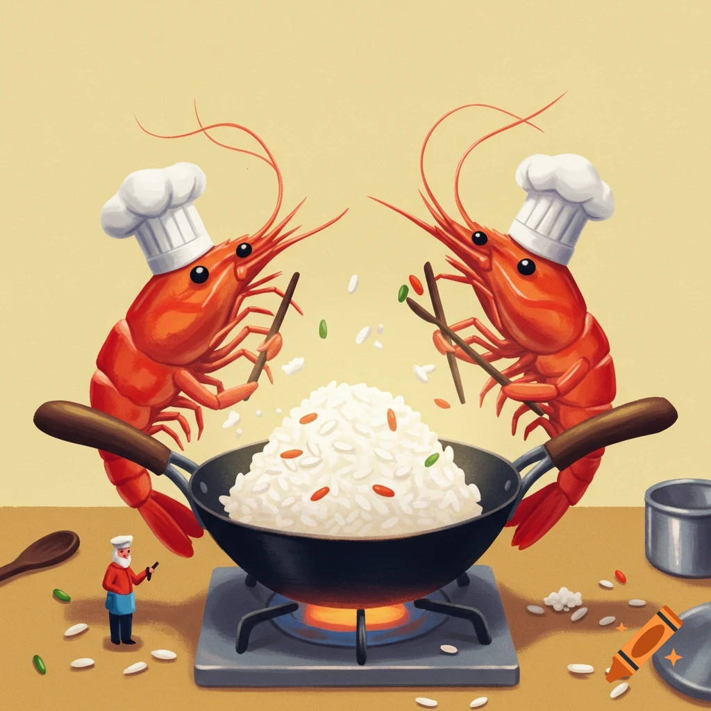 Two chef-hat wearing shrimps cooking rice in a pan.
