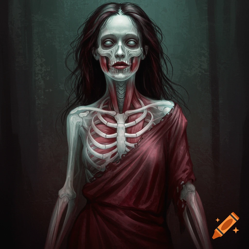 Illustration of a horror figure, a woman with visible muscles and bones, wearing a red cloth, in a dark setting.