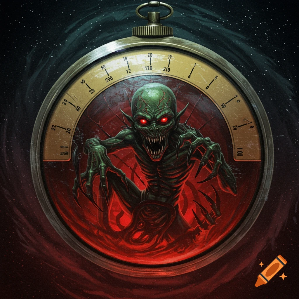 A green demonic creature with red eyes inside an analog gauge