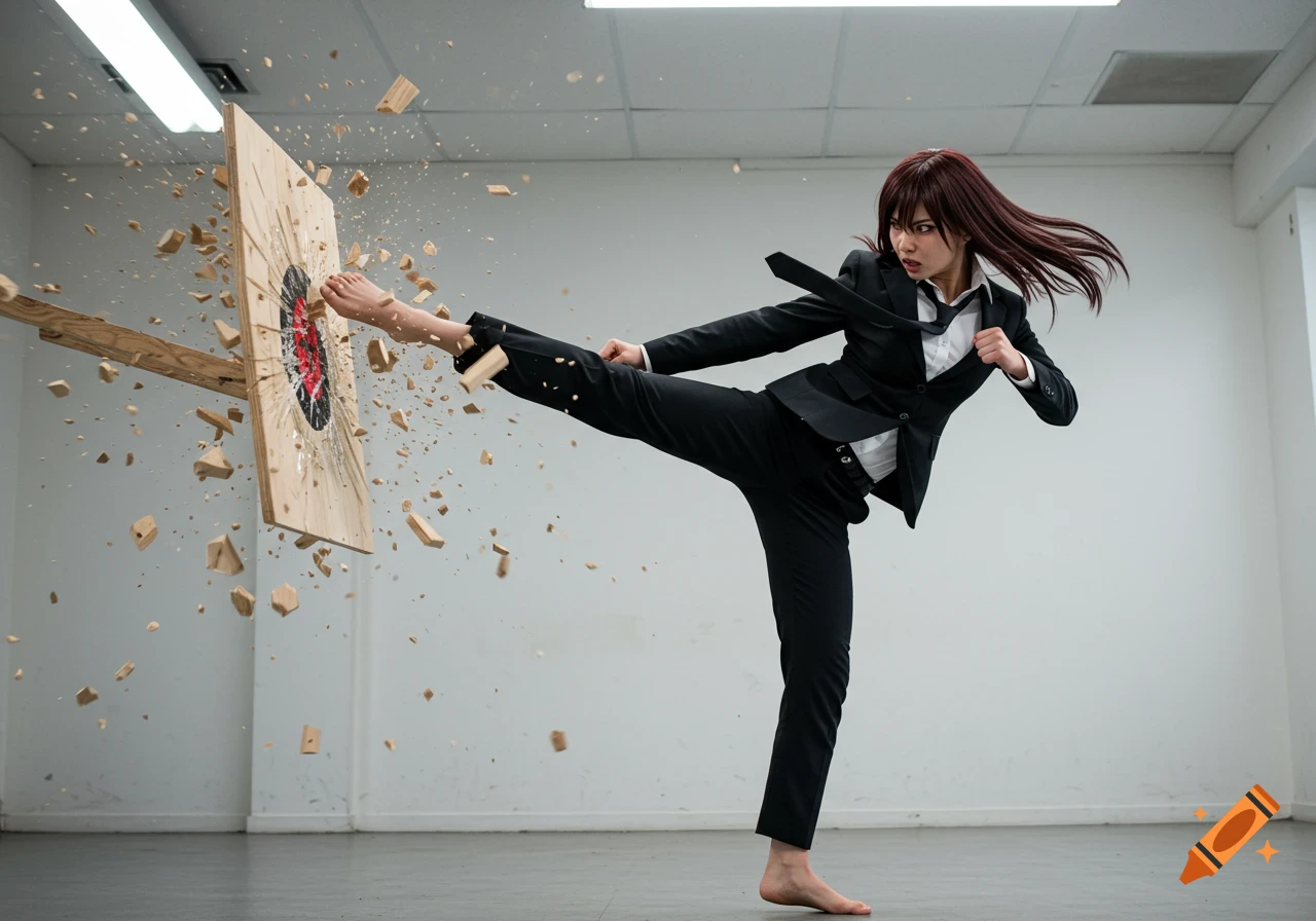 Person in black suit high kicks and breaks a wooden board
