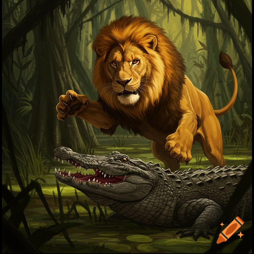 A lion leaping towards an alligator in a swamp.