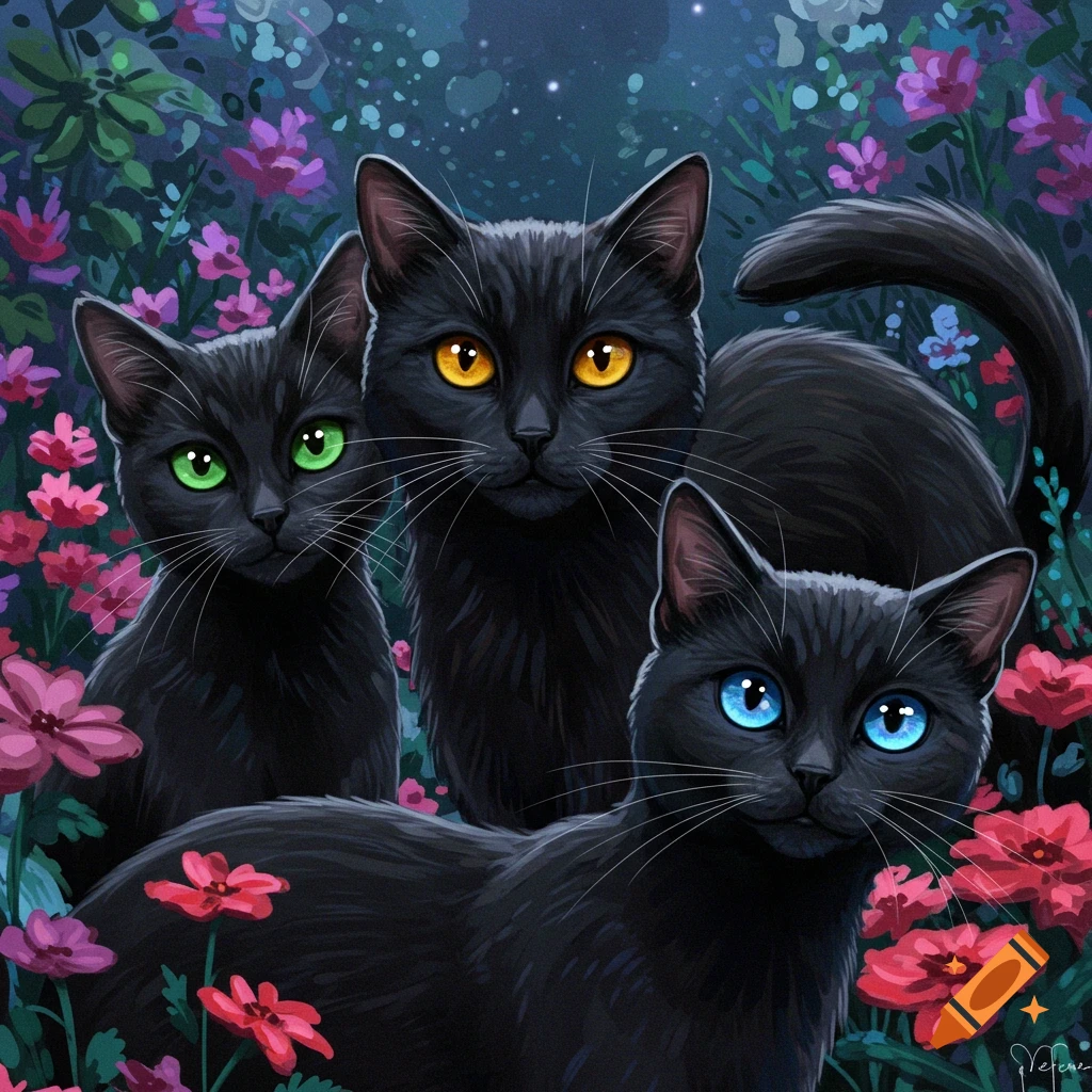 Three black cats with green, yellow, and blue eyes sit among pink and purple flowers at night.