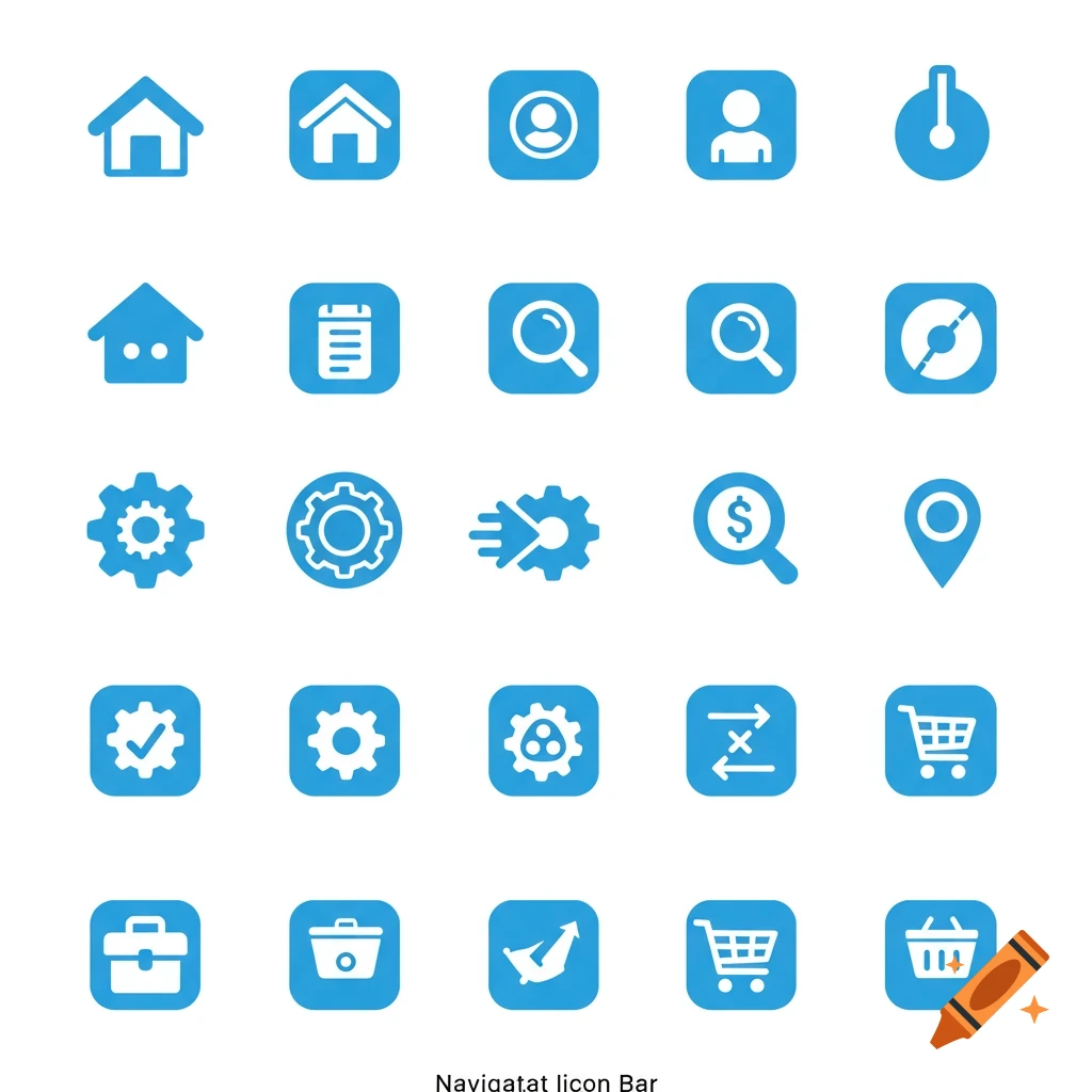 Grid of simple blue navigation bar icons for web or app design on a white background.