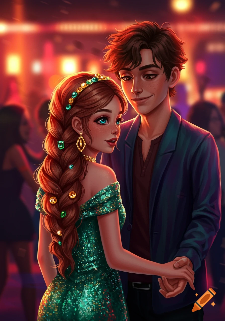 Stylized illustration of a couple dancing at a nightclub.