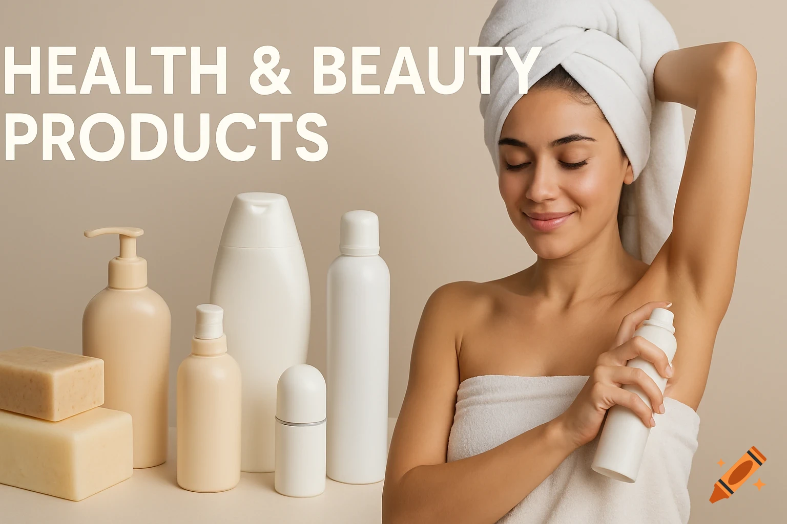Woman in towel applying deodorant spray next to various health and beauty products and text "HEALTH & BEAUTY PRODUCTS".