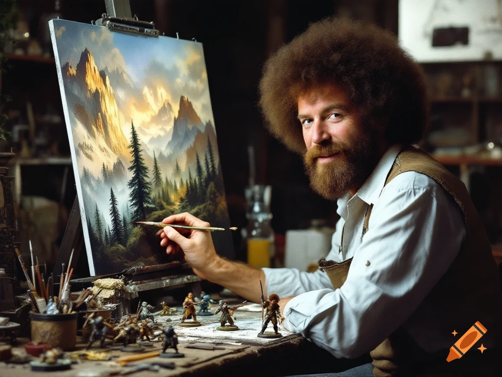 A man resembling Bob Ross paints a landscape on an easel while miniature figures sit on the table.