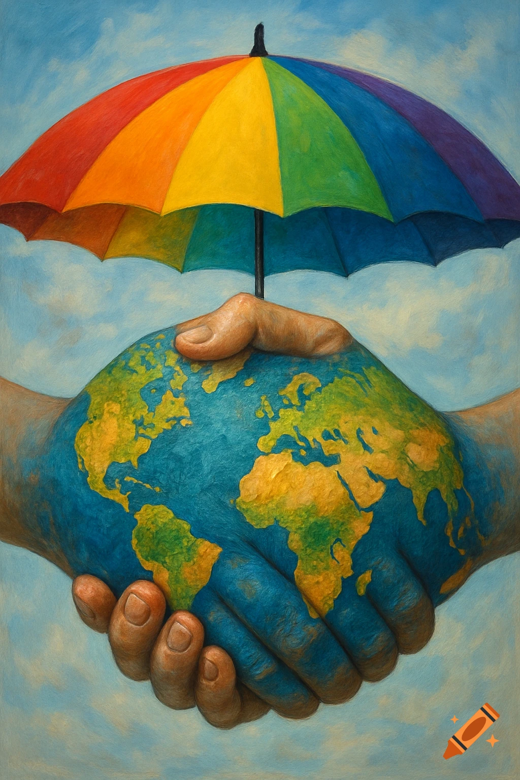 Hands holding the earth under a rainbow umbrella.