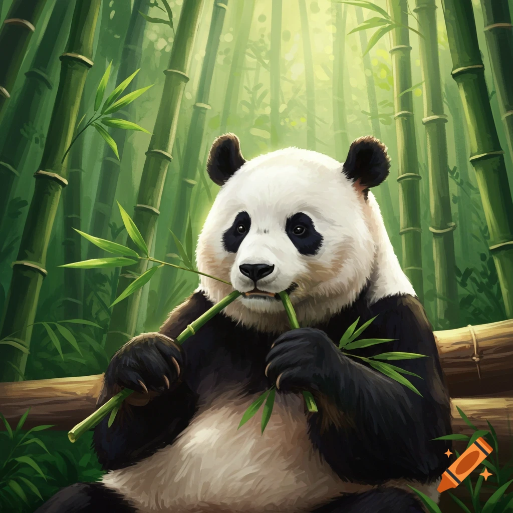 A panda sits eating bamboo in a lush bamboo forest. Illustration style.