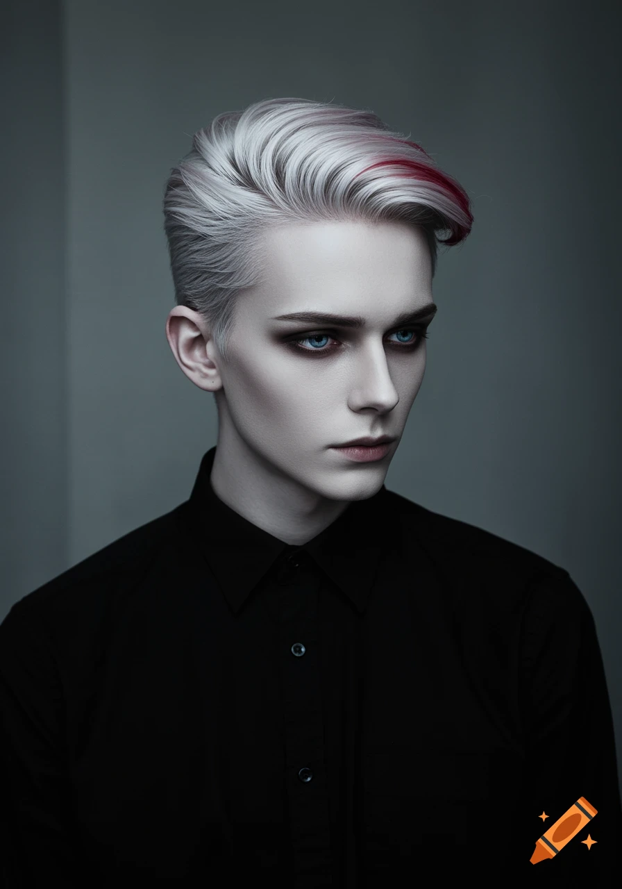 Portrait of a person with white hair, red streak, dark eye makeup, blue eyes, and a black shirt.