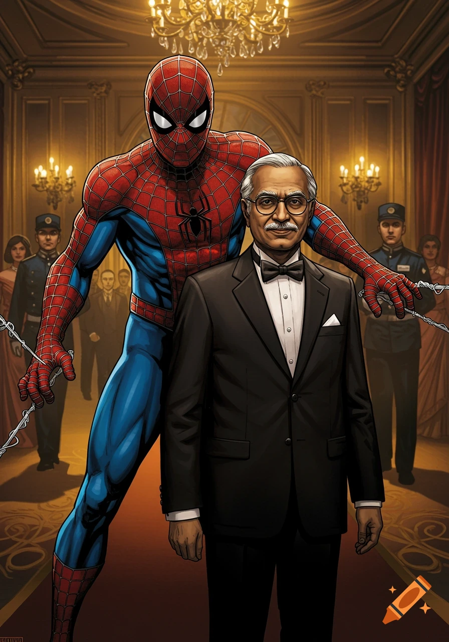 Spider-Man stands behind an older man in a tuxedo in a formal room.