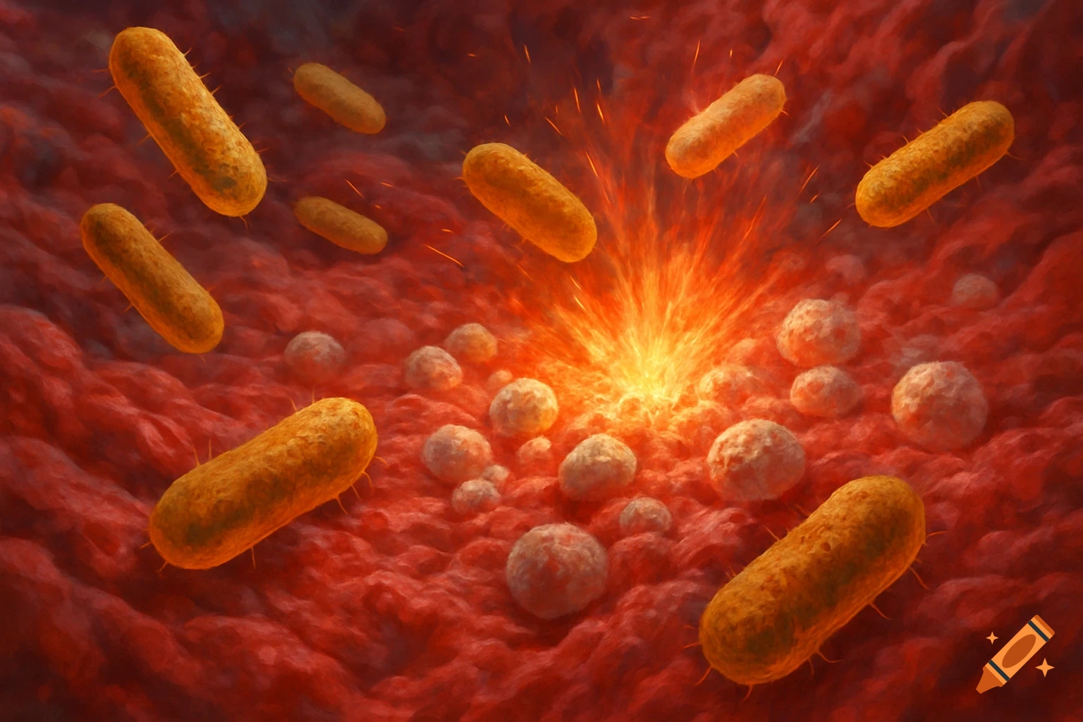 Microscopic view of rod-shaped bacteria and spherical cells in a red environment with a bright light.