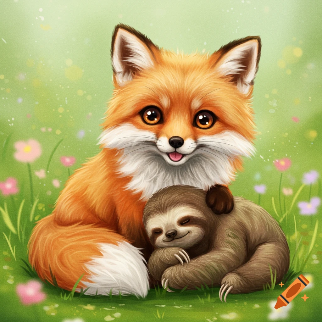 A cute illustrated fox and sloth sitting in a field of flowers.