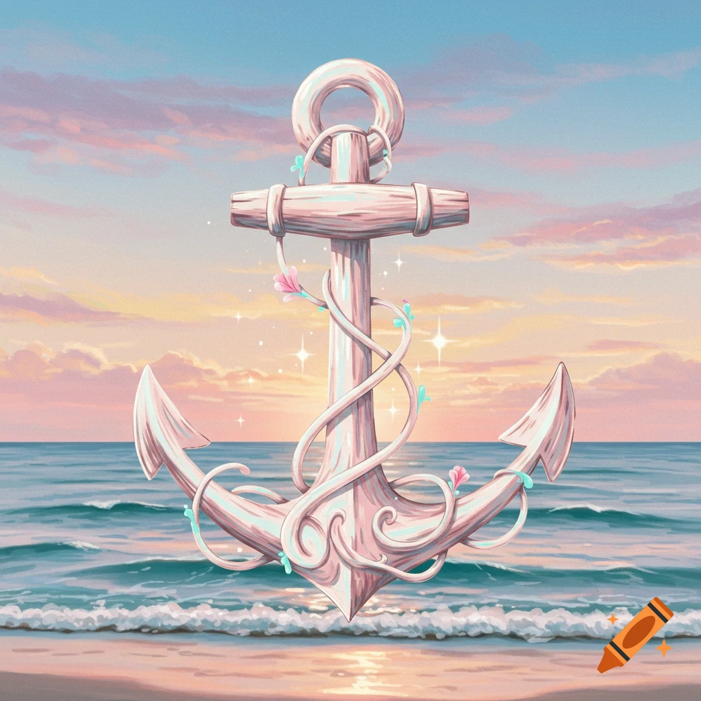 Decorative anchor wrapped in vines and flowers on a beach at sunset with the ocean in the background.