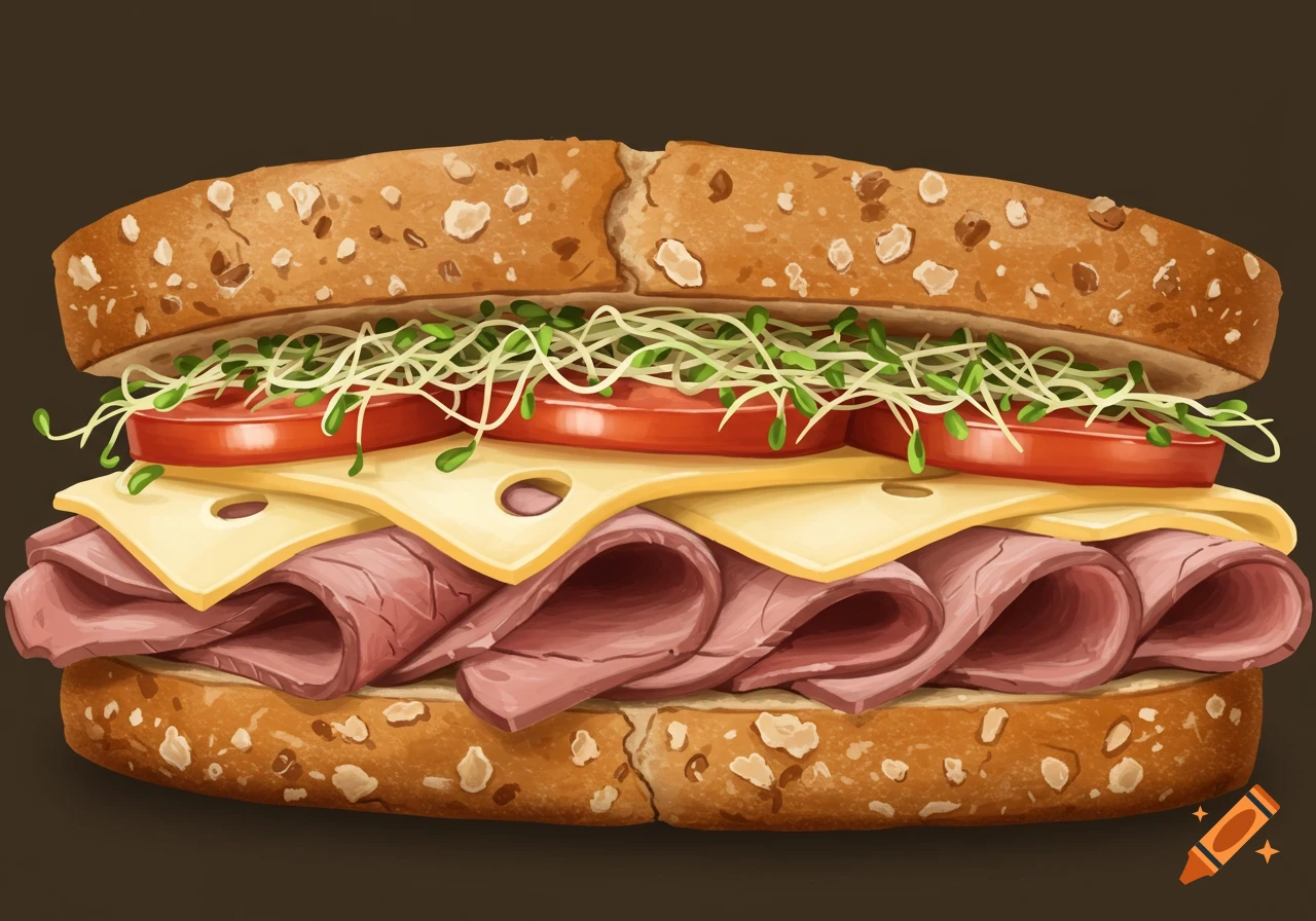 A sub sandwich with roast beef, swiss cheese, tomato, and alfalfa sprouts on whole wheat bread.