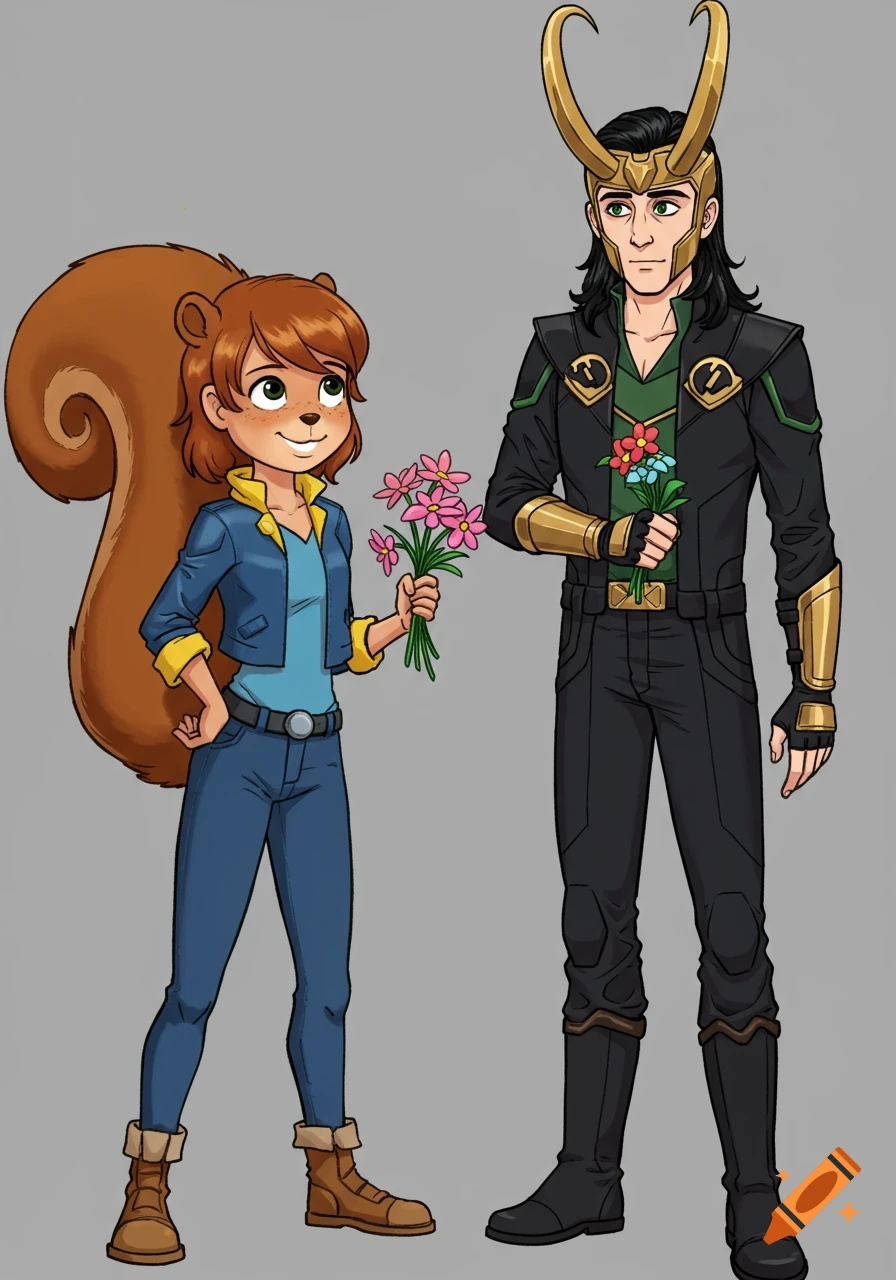 Cartoon of Squirrel Girl and Loki holding flowers in a silly art style.