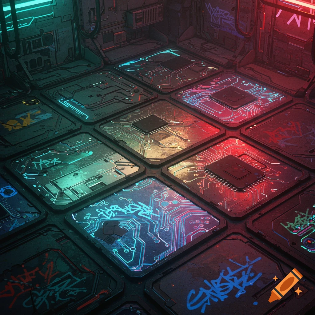 Cyberpunk floor texture grid with circuits, chips, and graffiti in neon lights.