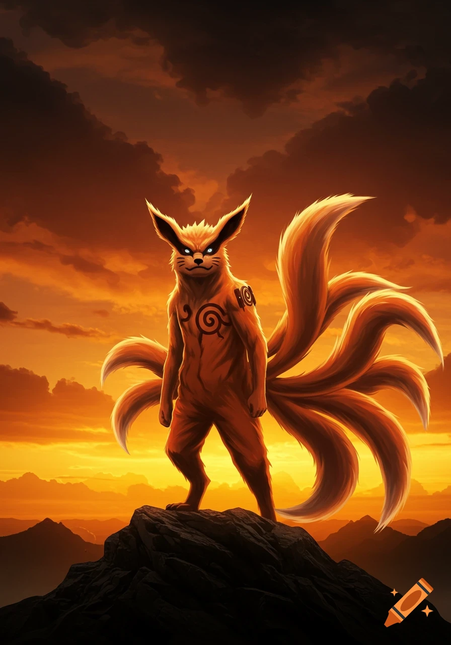 Naruto Uzumaki in his nine-tailed fox form stands in a forest clearing ...