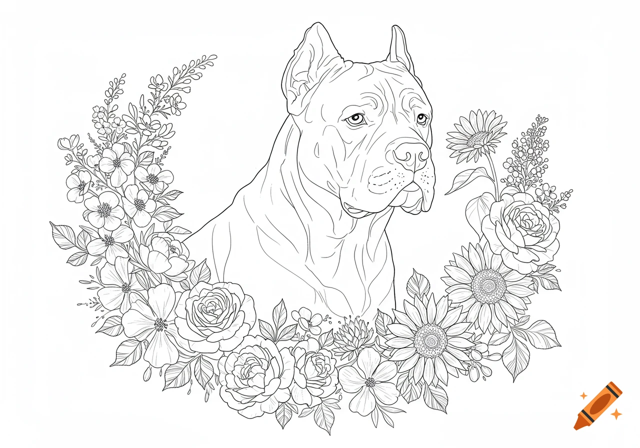 Line drawing of a Cane Corso dog surrounded by flowers.