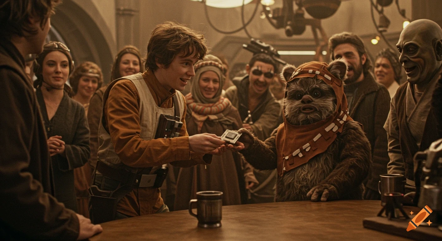 A person gives a data chip to an Ewok in a crowded, dimly lit Star Wars cantina, surrounded by various characters.