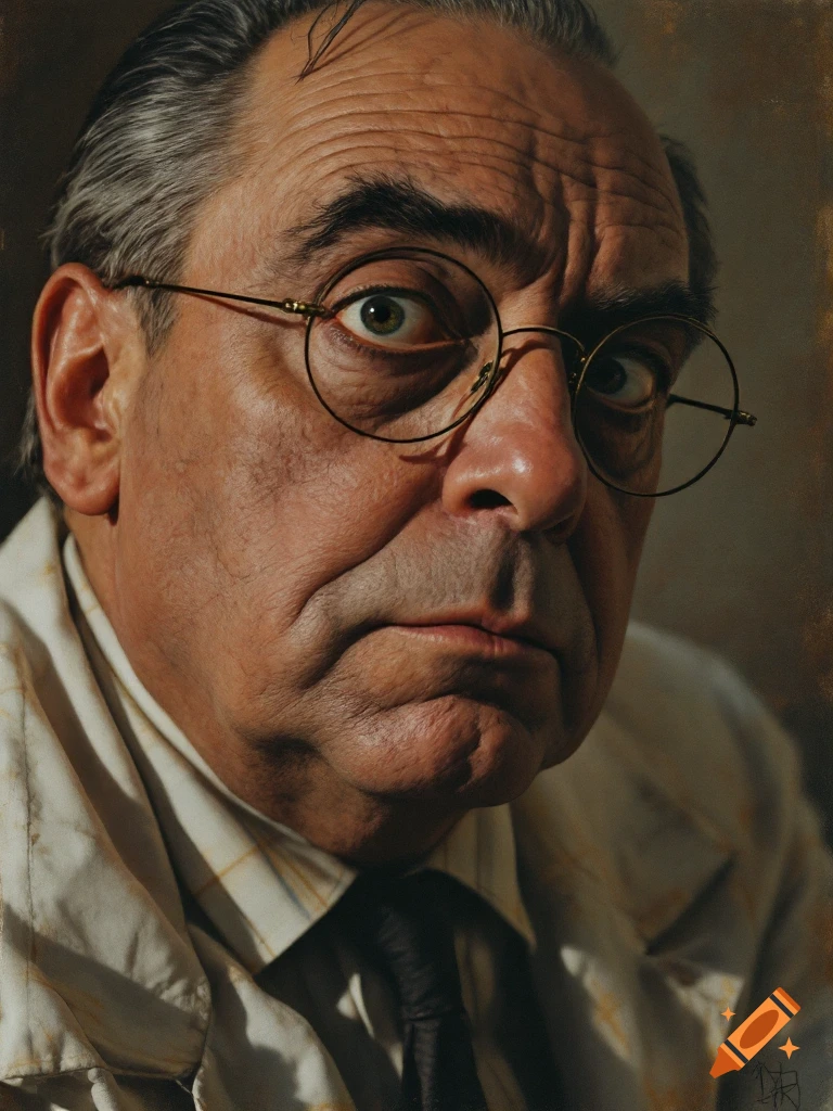 Realistic close-up portrait of a man with glasses, resembling Peter Lorre.