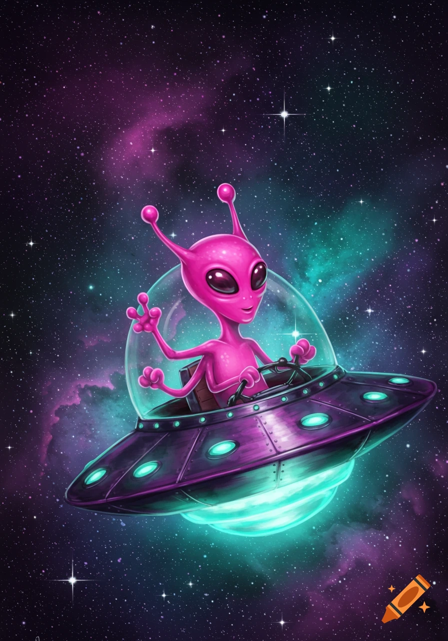 Cartoon pink alien waves from a UFO in space with purple and teal nebula.