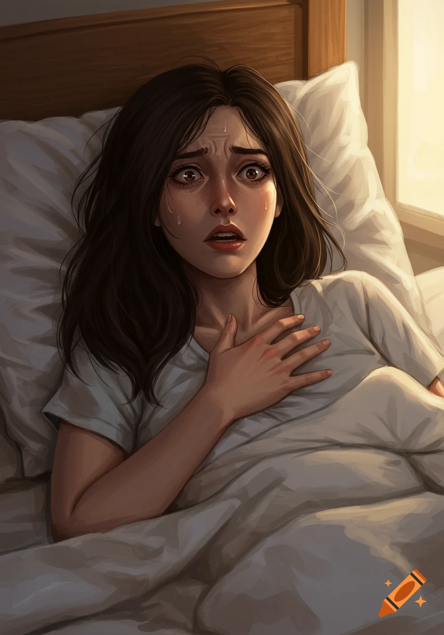 Digital painting of a woman in bed looking scared, grabbing her chest.
