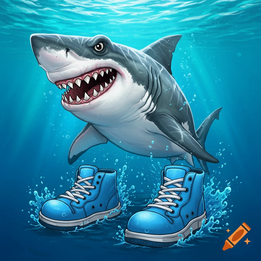 Cartoon shark swims underwater with two blue sneakers, digital painting.